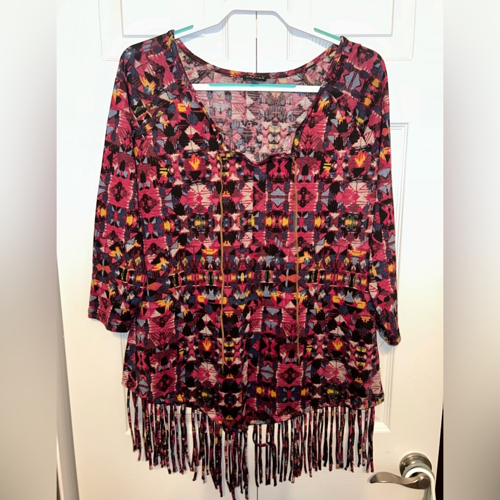 Hannah 3/4 Sleeve Fringed Pullover Top Size XL‎